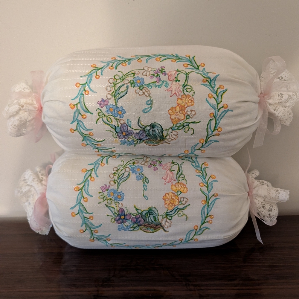Bolster Pillow Set with Hand-Painted Floral Design